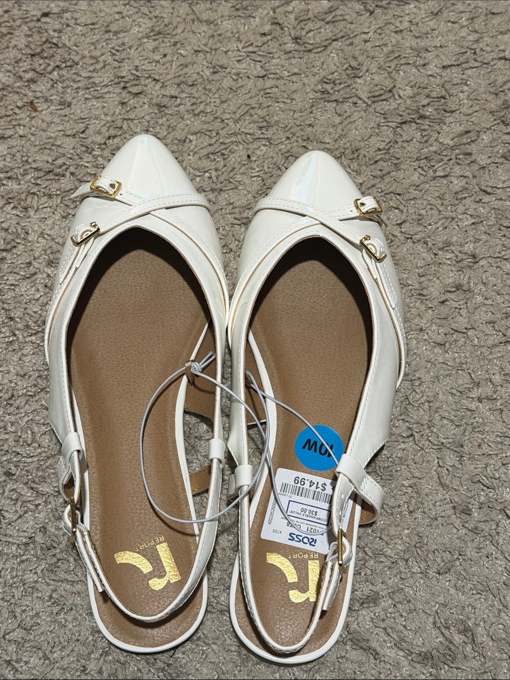 Report White Pointed Slingback Flats with Gold Buckles size 10w